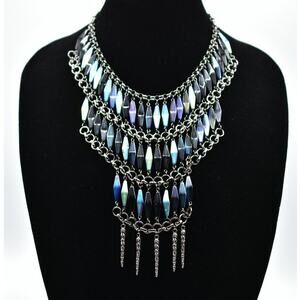 FALLON Designer Statement Collar Necklace Black Metal Layered Beaded Signed Bin7